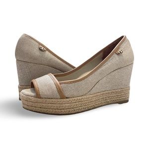 TORY BURCH Majorca Espadrille Wedge in Caramel Leather/Wheat Linen Size 7/37